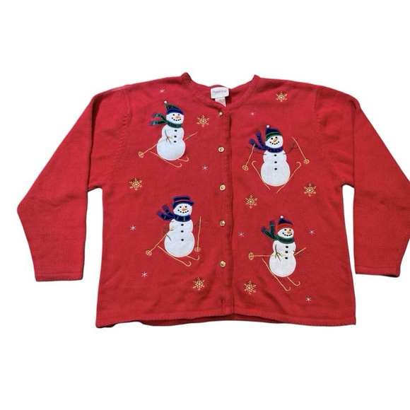 Crystal Kobe Sweaters - Vintage Crystal Kobe Snowman Patch Red Christmas Cardigan Size L Ugly Sweater